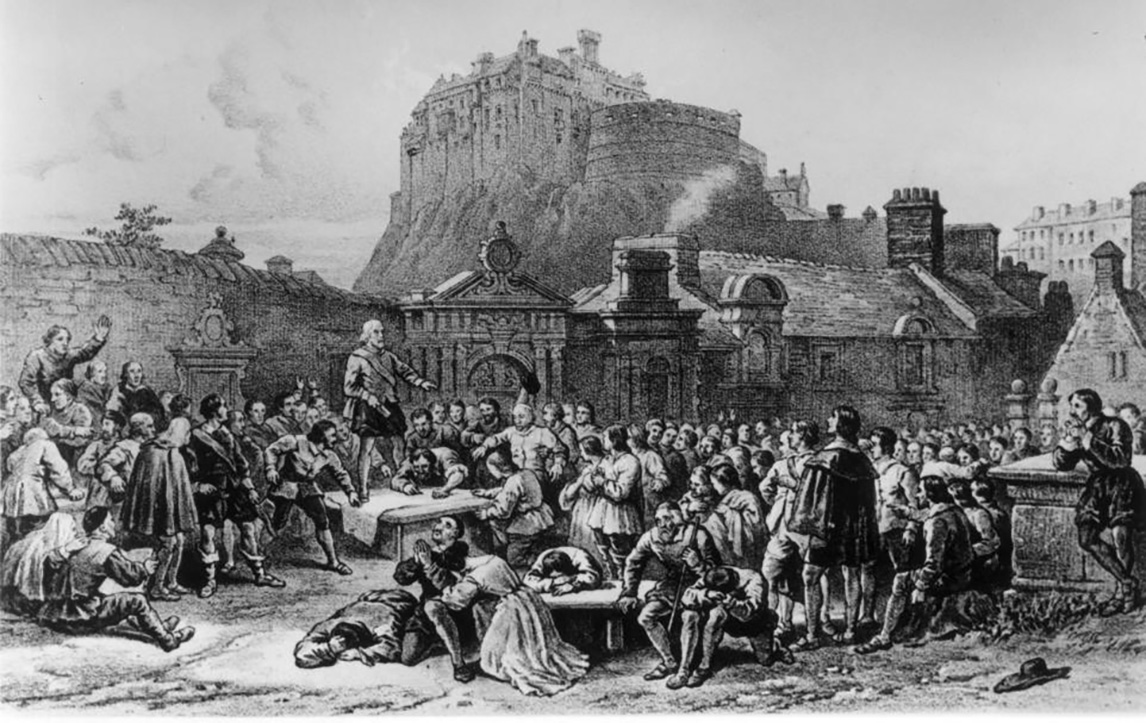 Scottish nobles gather to sign the second national covenant in Greyfriar’s Churchyard in Edinburgh in 1638 vowing to make Presbyterianism the state religion of Scotland